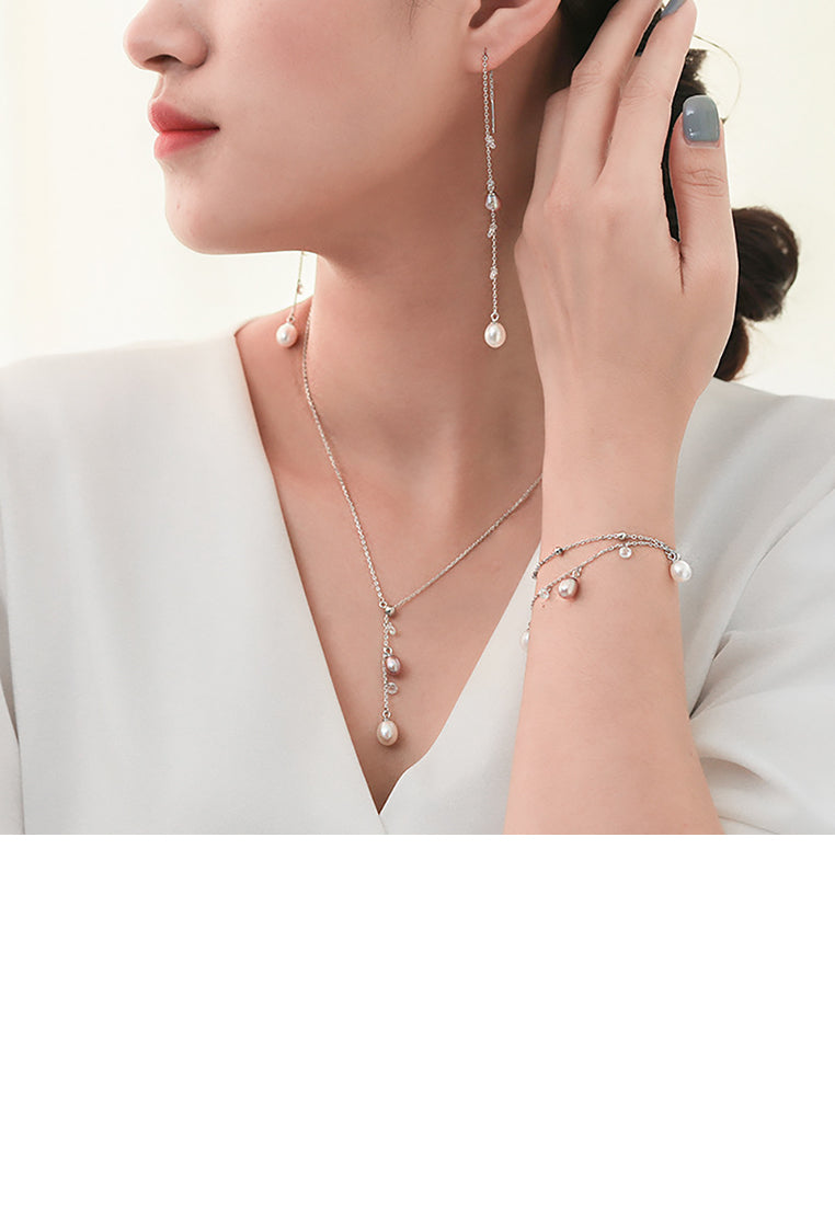 925 Sterling Silver Simple Temperament Geometric Tassel Freshwater Pearl Earrings with Cubic Zirconia - Luxurious Look