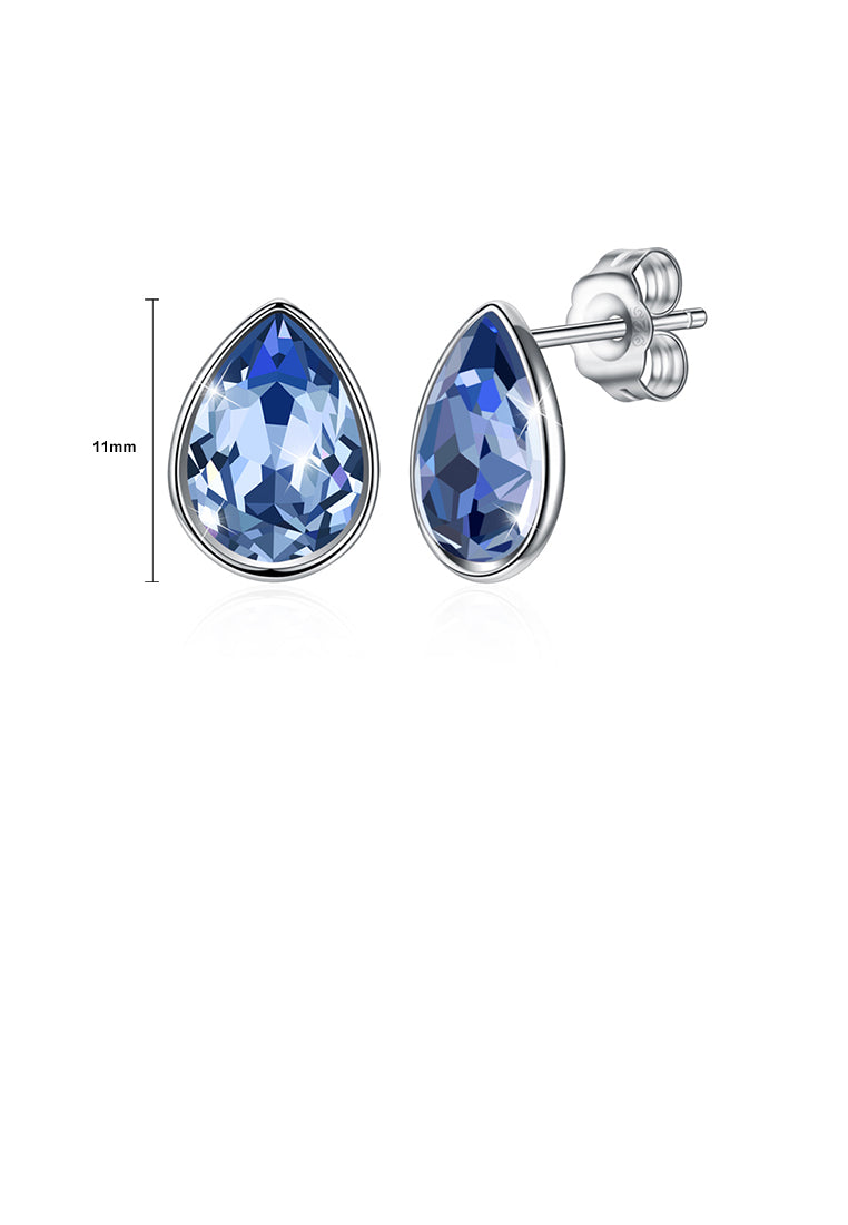 925 Sterling Silver Simple Water Drop Shape Blue Austrian Element Crystal Stud Earrings