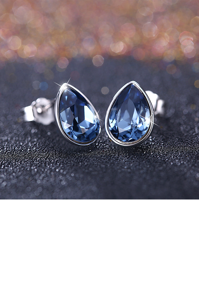 925 Sterling Silver Simple Water Drop Shape Blue Austrian Element Crystal Stud Earrings