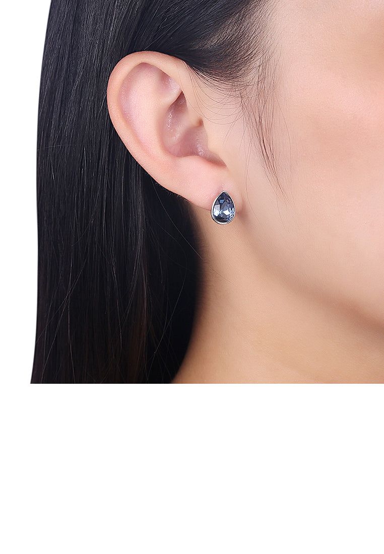 925 Sterling Silver Simple Water Drop Shape Blue Austrian Element Crystal Stud Earrings
