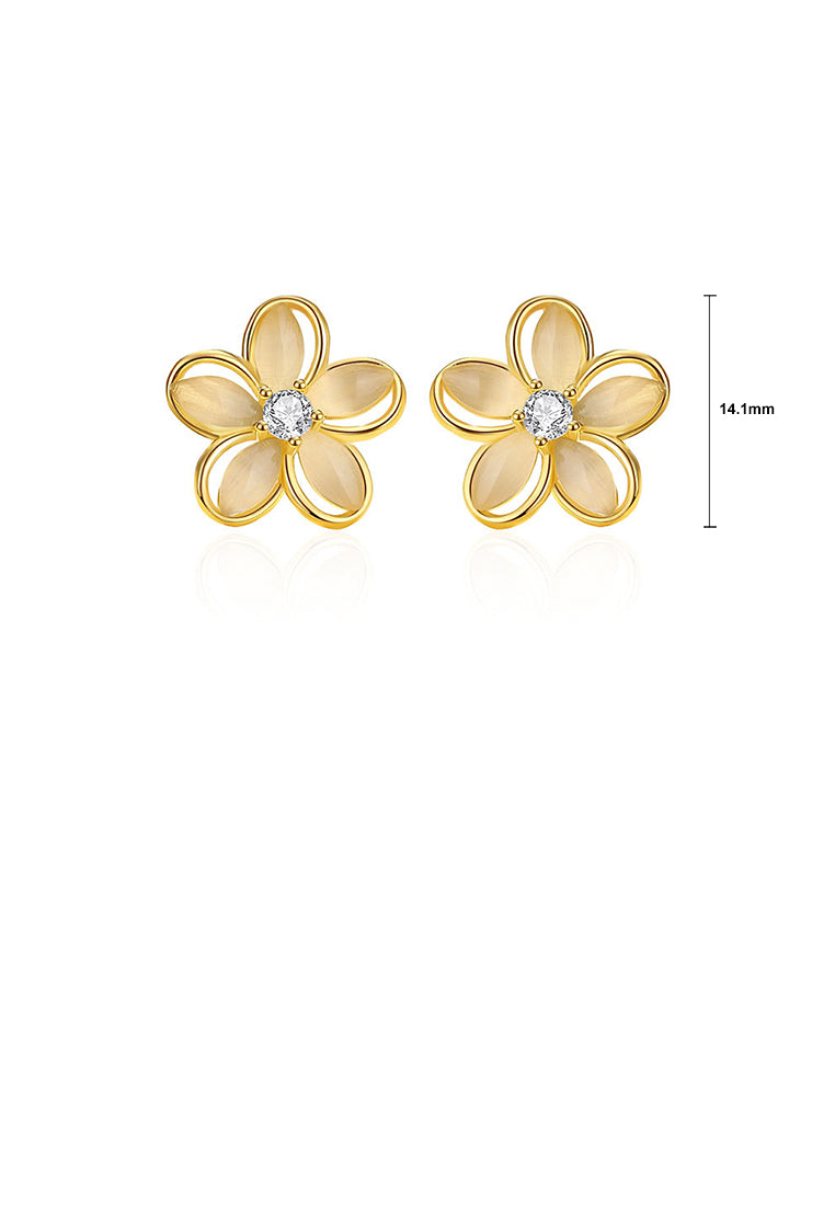 925 Sterling Silver Plated Gold Simple and Fashion Flower Imitation Cats Eye Stud Earrings with Cubic Zirconia - Luxurious Look