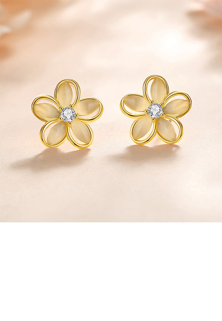 925 Sterling Silver Plated Gold Simple and Fashion Flower Imitation Cats Eye Stud Earrings with Cubic Zirconia - Luxurious Look