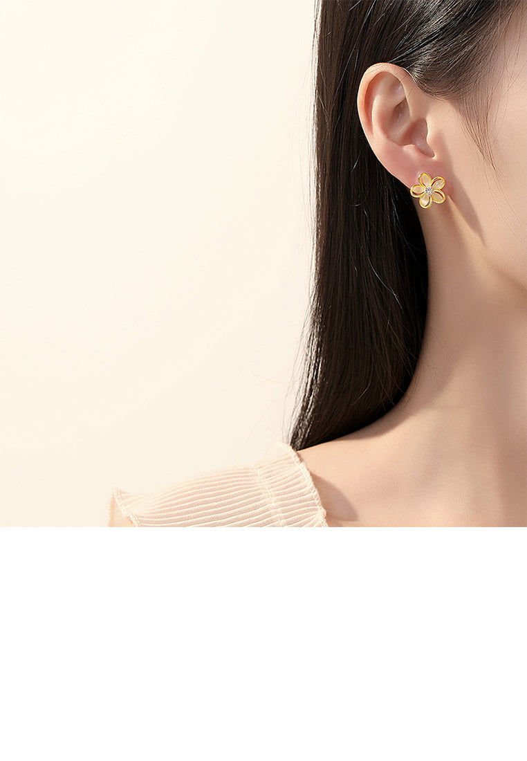 925 Sterling Silver Plated Gold Simple and Fashion Flower Imitation Cats Eye Stud Earrings with Cubic Zirconia - Luxurious Look