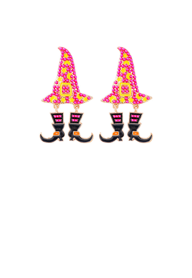Fashion and Creative Plated Gold Halloween Wizard Hat Witch Rose Red Ball Earrings - Vibrant Color
