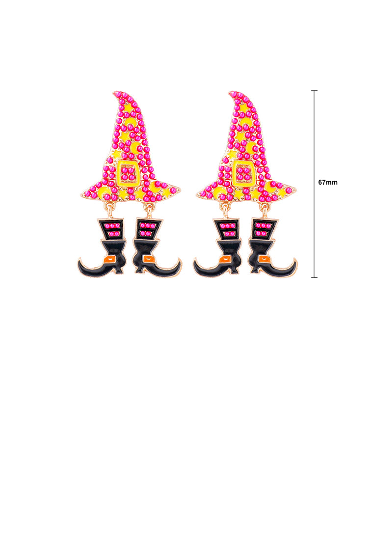 Fashion and Creative Plated Gold Halloween Wizard Hat Witch Rose Red Ball Earrings - Vibrant Color