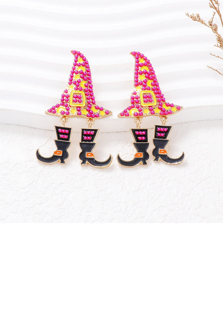 Fashion and Creative Plated Gold Halloween Wizard Hat Witch Rose Red Ball Earrings - Vibrant Color