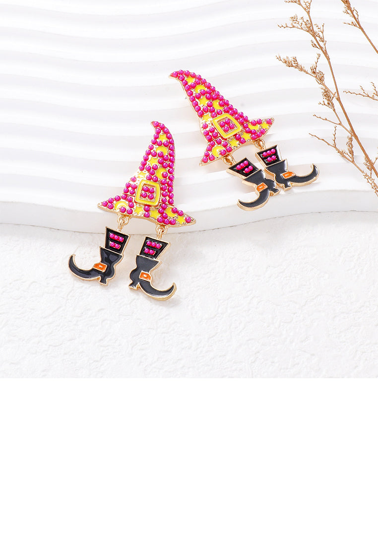 Fashion and Creative Plated Gold Halloween Wizard Hat Witch Rose Red Ball Earrings - Vibrant Color