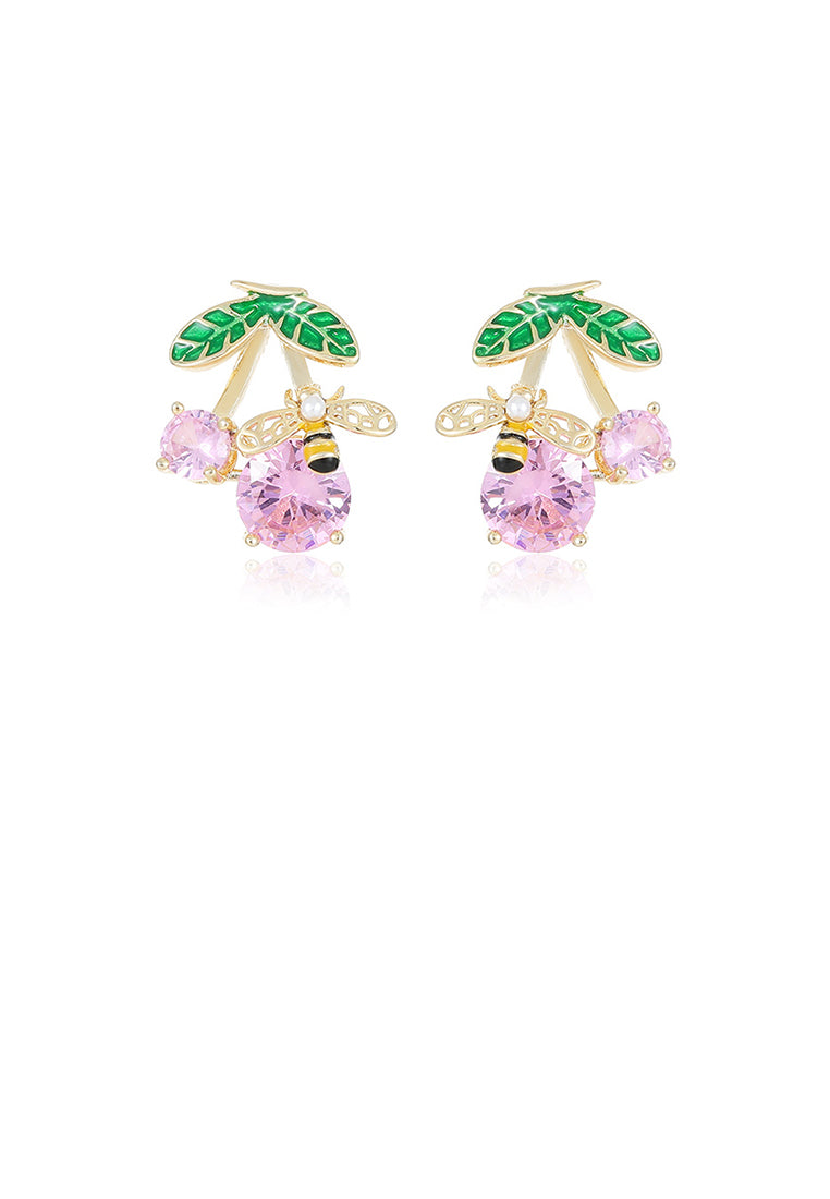 Fashion Sweet Plated Gold Bee Cherry Stud Earrings with Cubic Zirconia - Luxurious Look