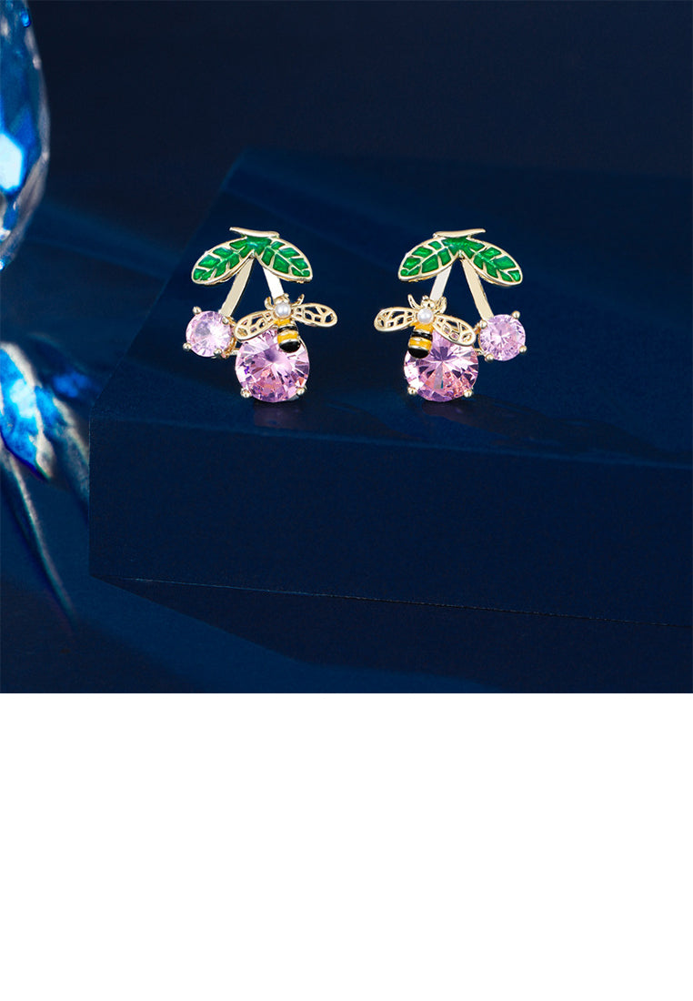 Fashion Sweet Plated Gold Bee Cherry Stud Earrings with Cubic Zirconia - Luxurious Look