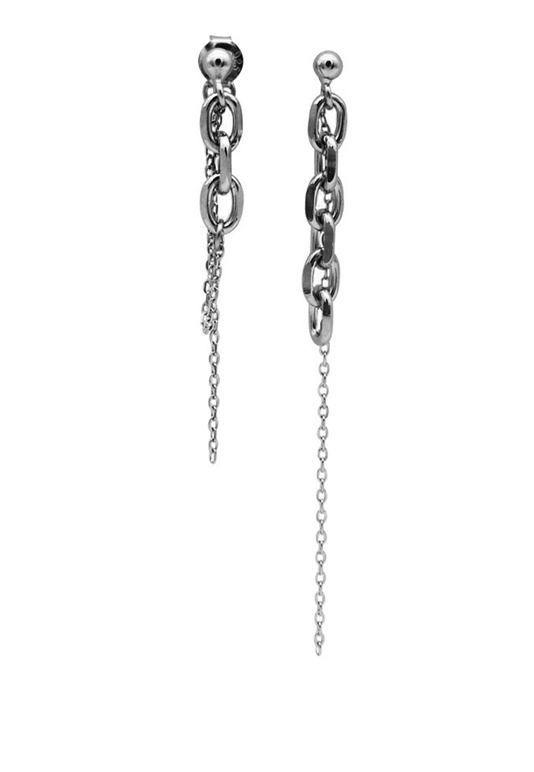 Set of 2 Pair Earrings - Sterling Silver Chain Fringe Asymmetric Stud Earrings