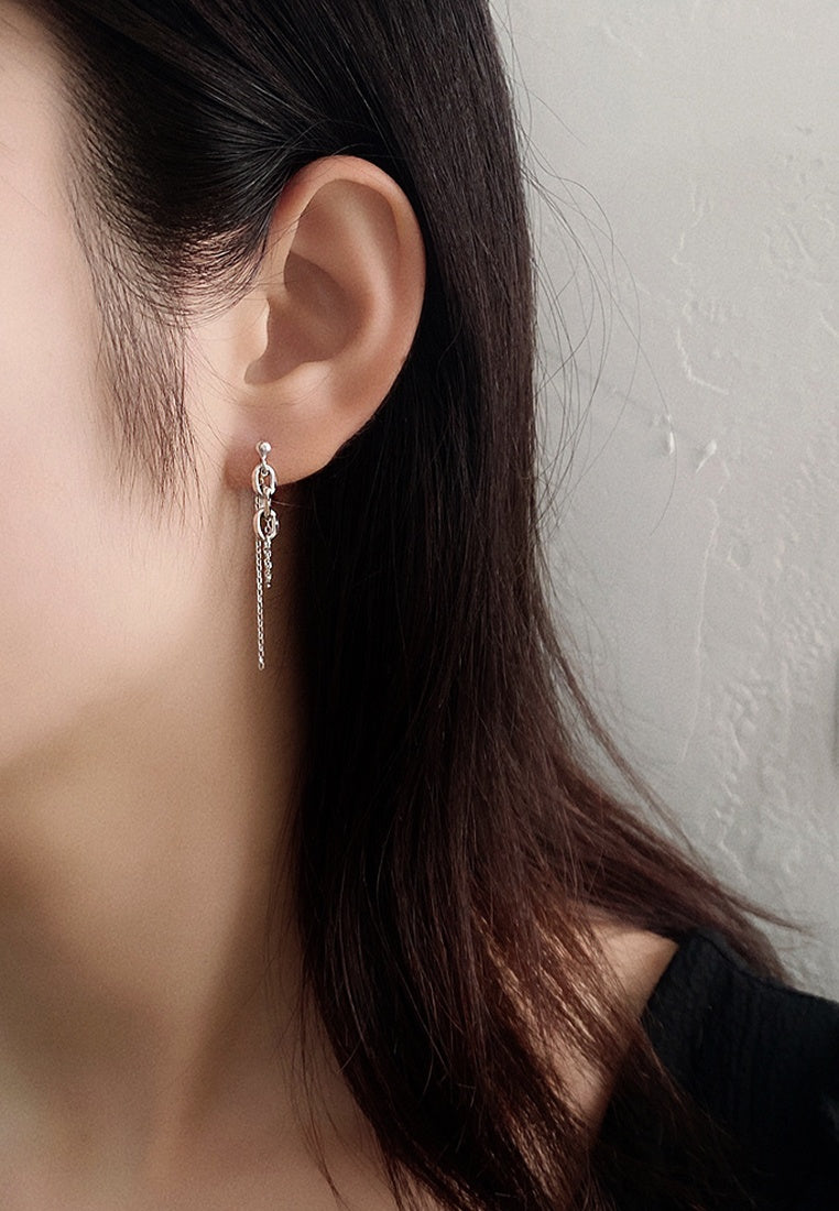 Set of 2 Pair Earrings - Sterling Silver Chain Fringe Asymmetric Stud Earrings