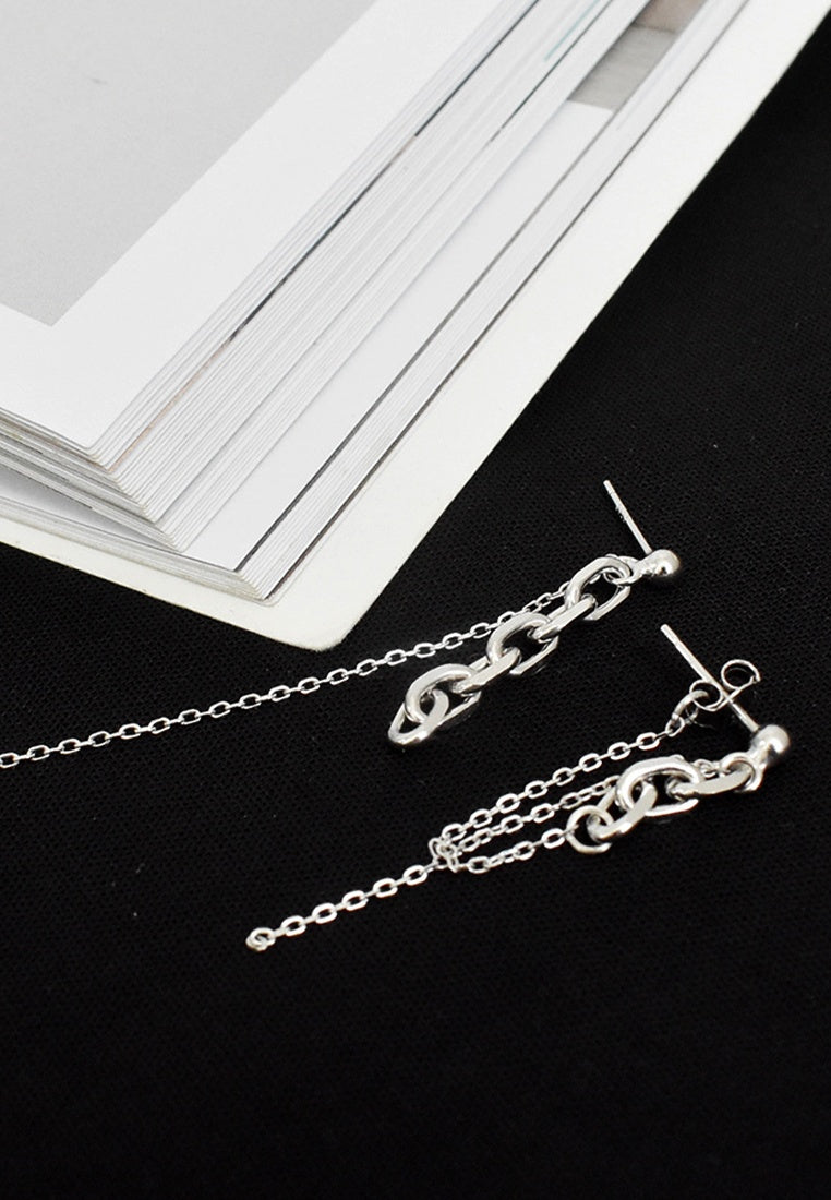 Set of 2 Pair Earrings - Sterling Silver Chain Fringe Asymmetric Stud Earrings