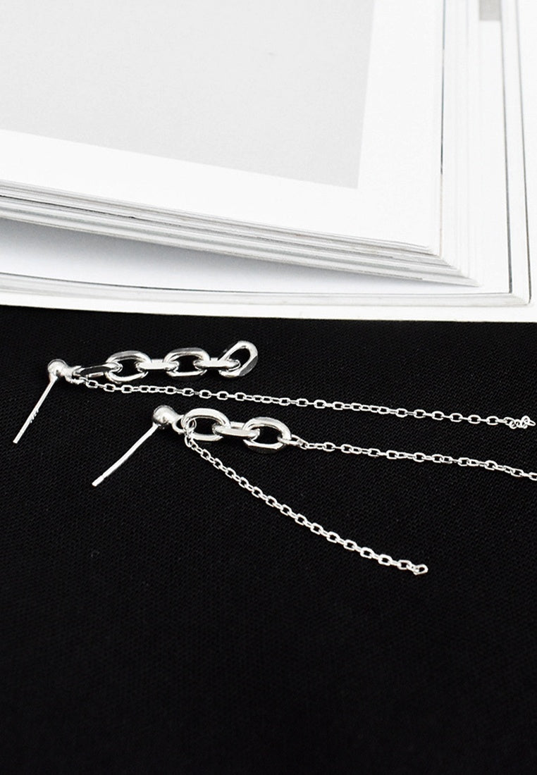 Set of 2 Pair Earrings - Sterling Silver Chain Fringe Asymmetric Stud Earrings