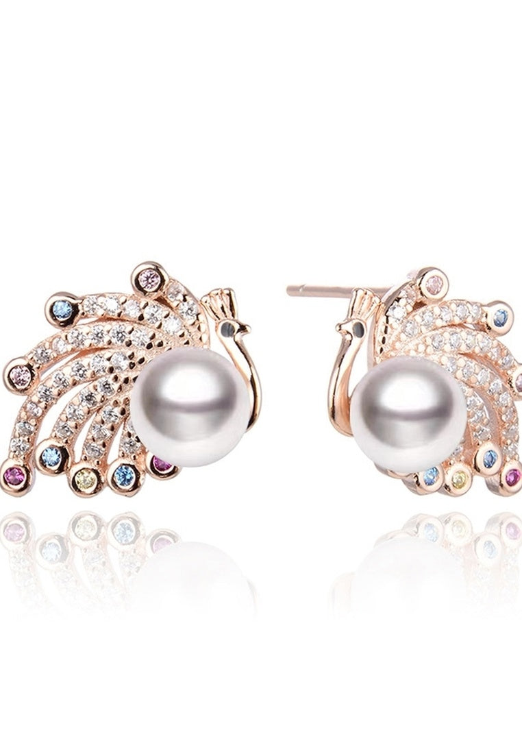 Peacock Inlaid Zircon Beads Sterling Silver Stud Earrings