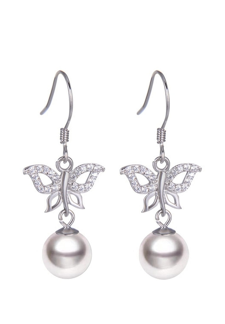Sterling Silver Diamond Butterfly Pearl Hooks Earrings