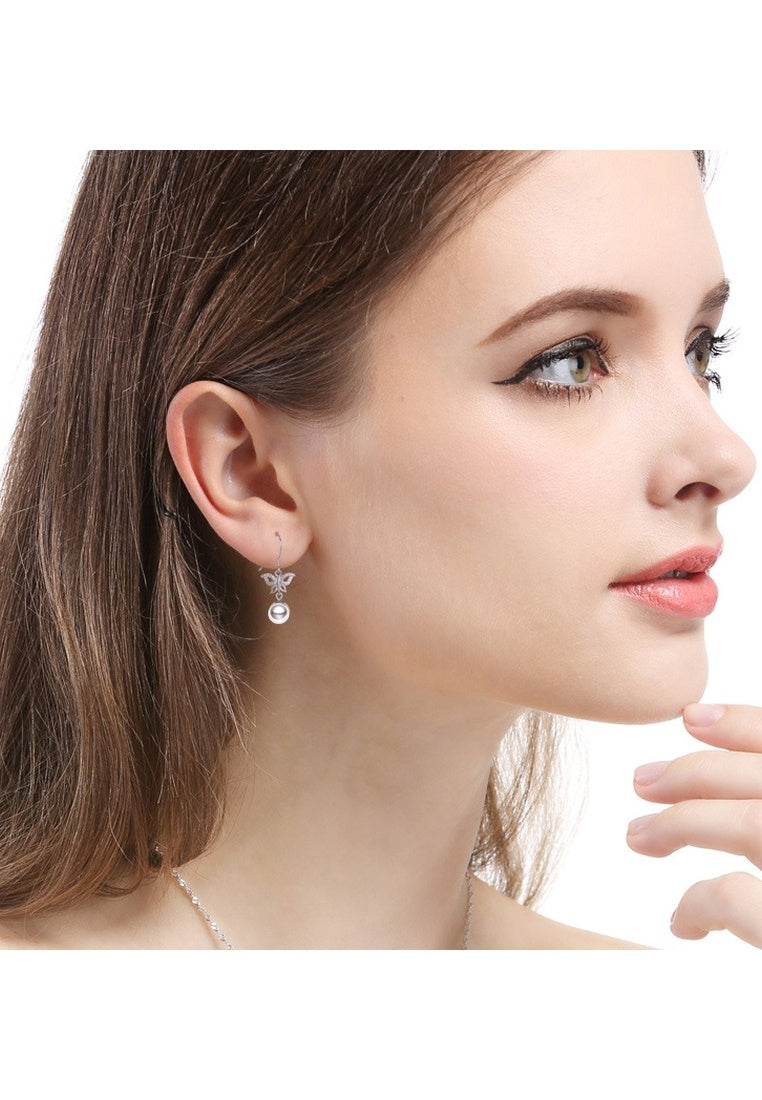 Sterling Silver Diamond Butterfly Pearl Hooks Earrings
