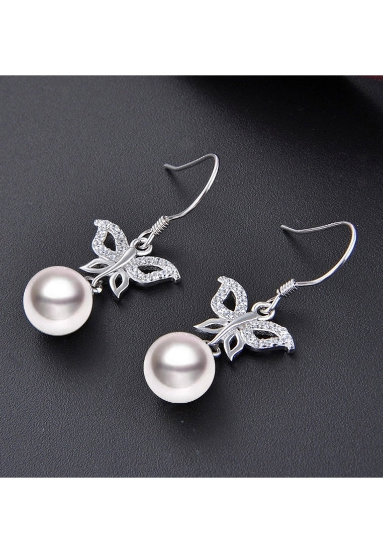 Sterling Silver Diamond Butterfly Pearl Hooks Earrings