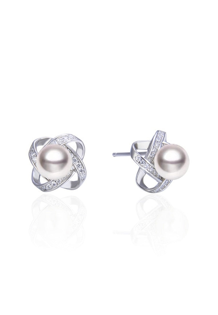 Sterling Silver Freshwater Pearl Set Zircon Clover Stud Earrings