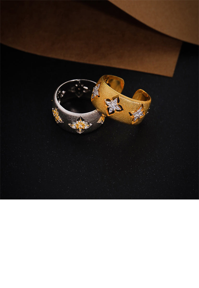 925 Sterling Silver Fashion and Personalized Four-leafed Clover Pattern Brushed Geometric Adjustable Open Ring with Cubic Zirconia - Luxurious Look