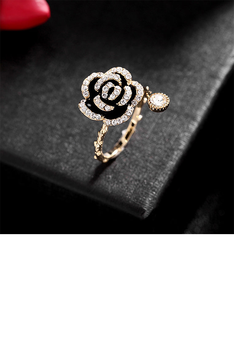 Fashion Simple Plated Gold Black Rose Adjustable Open Ring with Cubic Zirconia - Luxurious Look