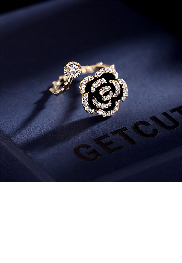Fashion Simple Plated Gold Black Rose Adjustable Open Ring with Cubic Zirconia - Luxurious Look
