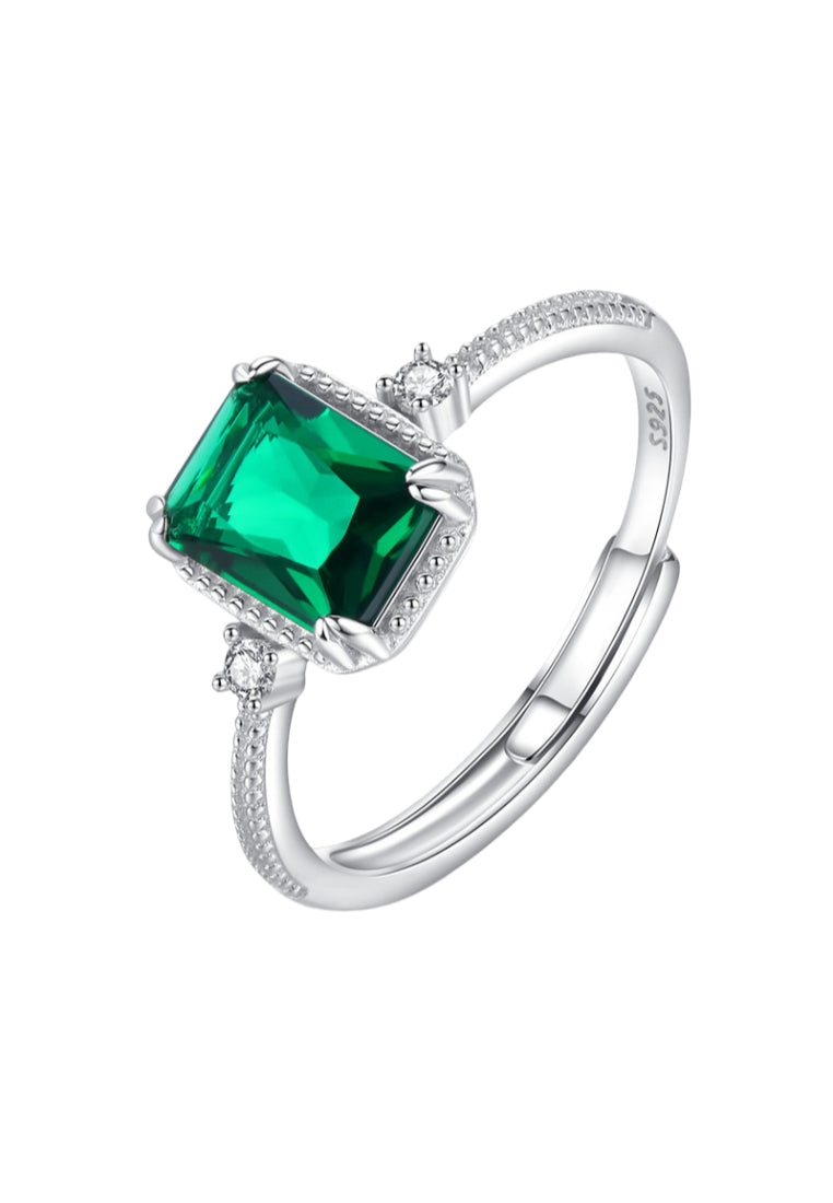 925 Sterling Silver Fashion and Elegant Geometric Rectangle Adjustable Ring with Green Cubic Zirconia - Luxurious Look