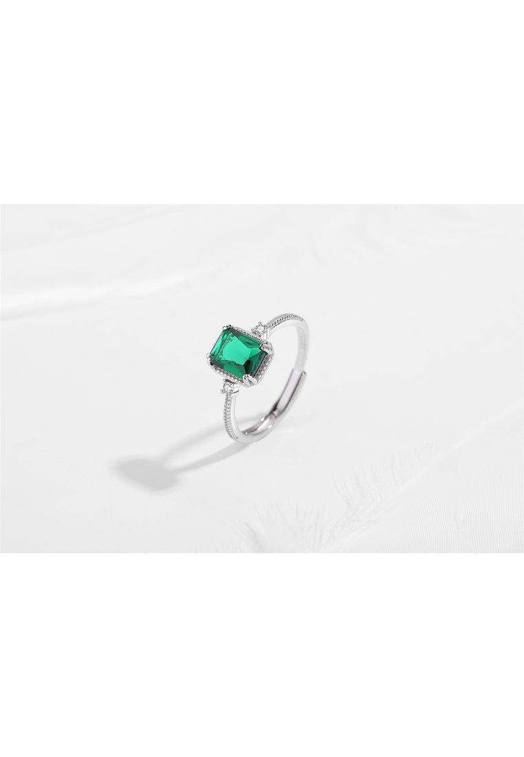 925 Sterling Silver Fashion and Elegant Geometric Rectangle Adjustable Ring with Green Cubic Zirconia - Luxurious Look