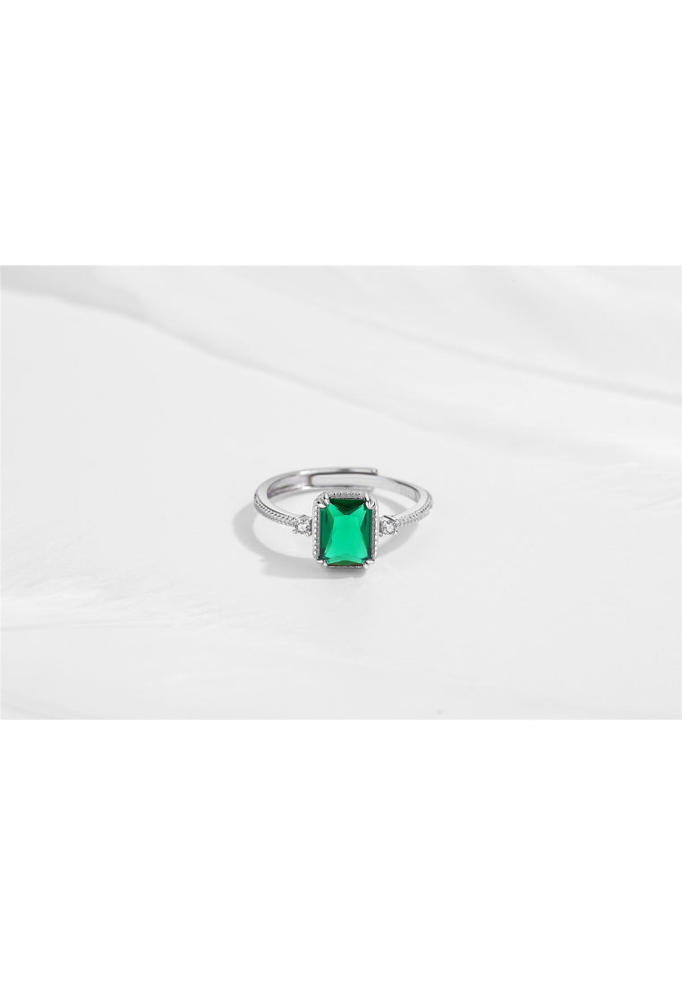 925 Sterling Silver Fashion and Elegant Geometric Rectangle Adjustable Ring with Green Cubic Zirconia - Luxurious Look