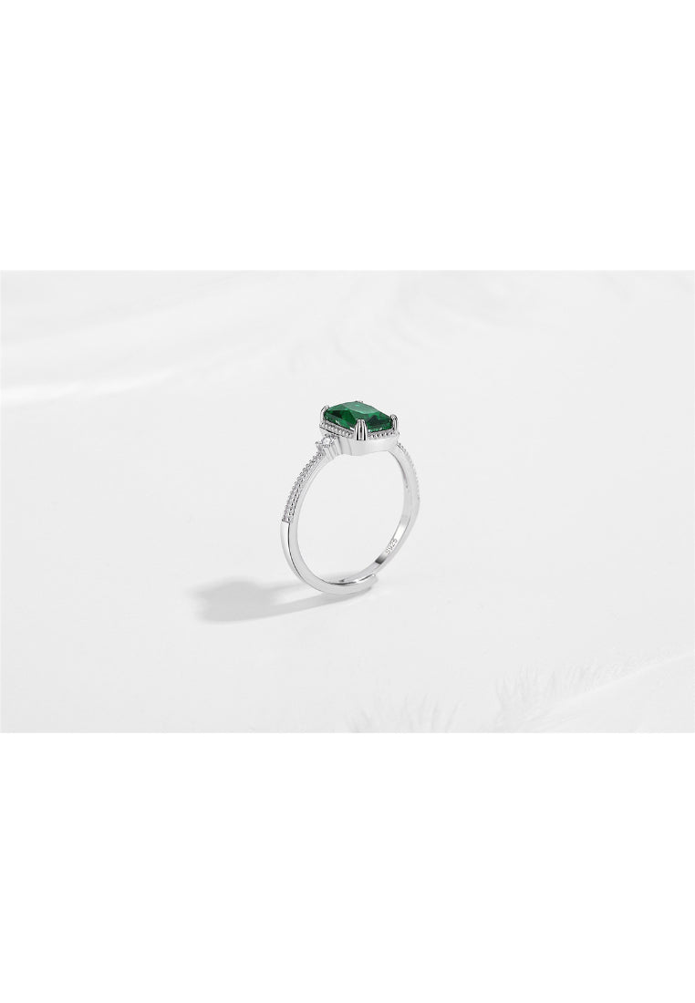 925 Sterling Silver Fashion and Elegant Geometric Rectangle Adjustable Ring with Green Cubic Zirconia - Luxurious Look