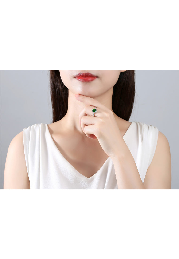 925 Sterling Silver Fashion and Elegant Geometric Rectangle Adjustable Ring with Green Cubic Zirconia - Luxurious Look