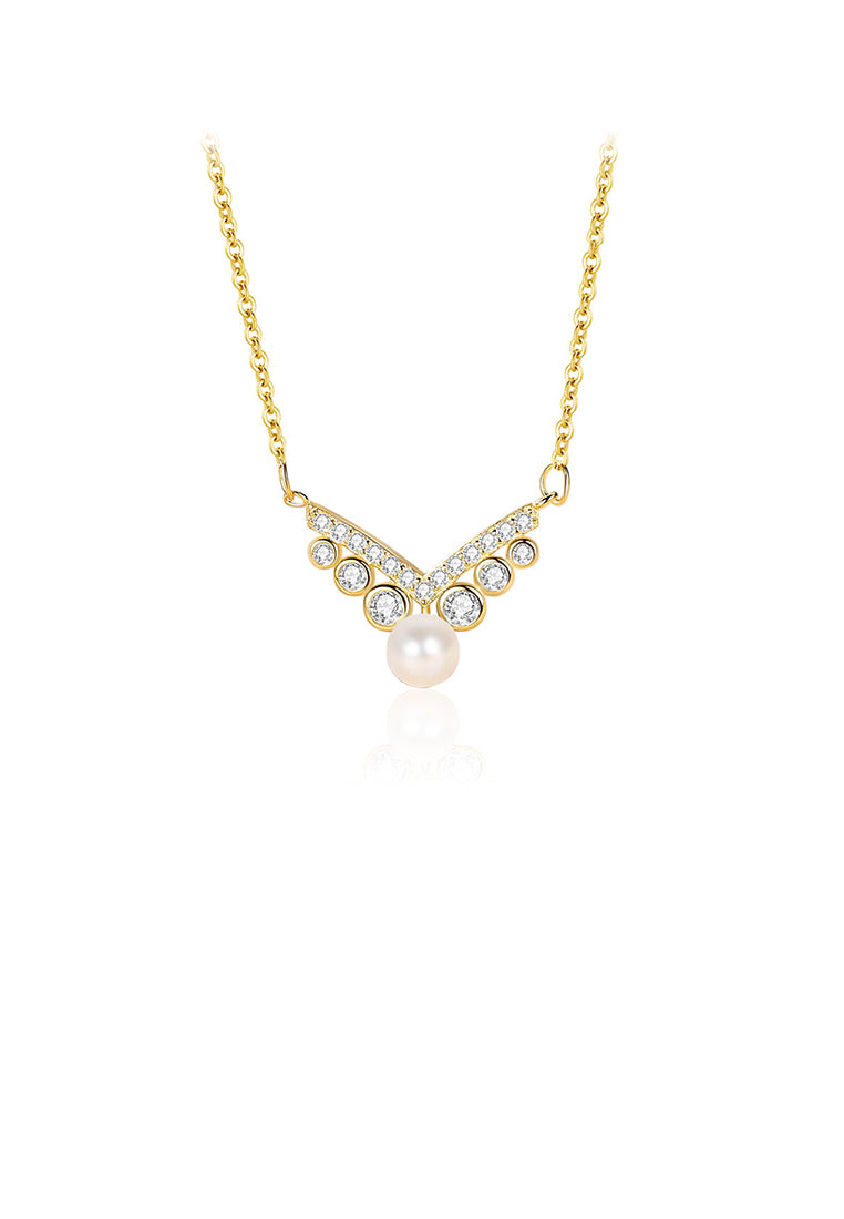 925 Sterling Silver Plated Gold Fashion and Elegant V-shaped Imitation Pearl Pendant with Cubic Zirconia and Necklace - Luxurious Look
