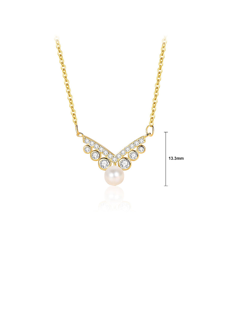 925 Sterling Silver Plated Gold Fashion and Elegant V-shaped Imitation Pearl Pendant with Cubic Zirconia and Necklace - Luxurious Look