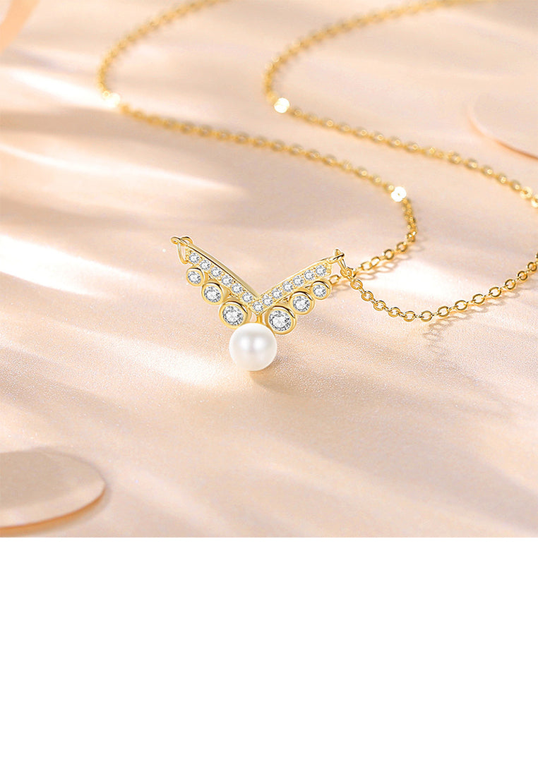 925 Sterling Silver Plated Gold Fashion and Elegant V-shaped Imitation Pearl Pendant with Cubic Zirconia and Necklace - Luxurious Look