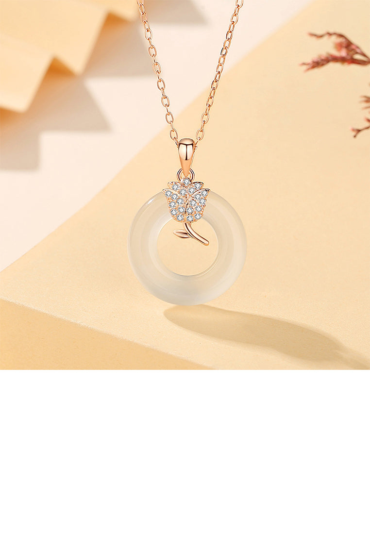 925 Sterling Silver Plated Rose Gold Fashion Simple Flower Peace Buckle Pendant with Cubic Zirconia and Necklace - Luxurious Look