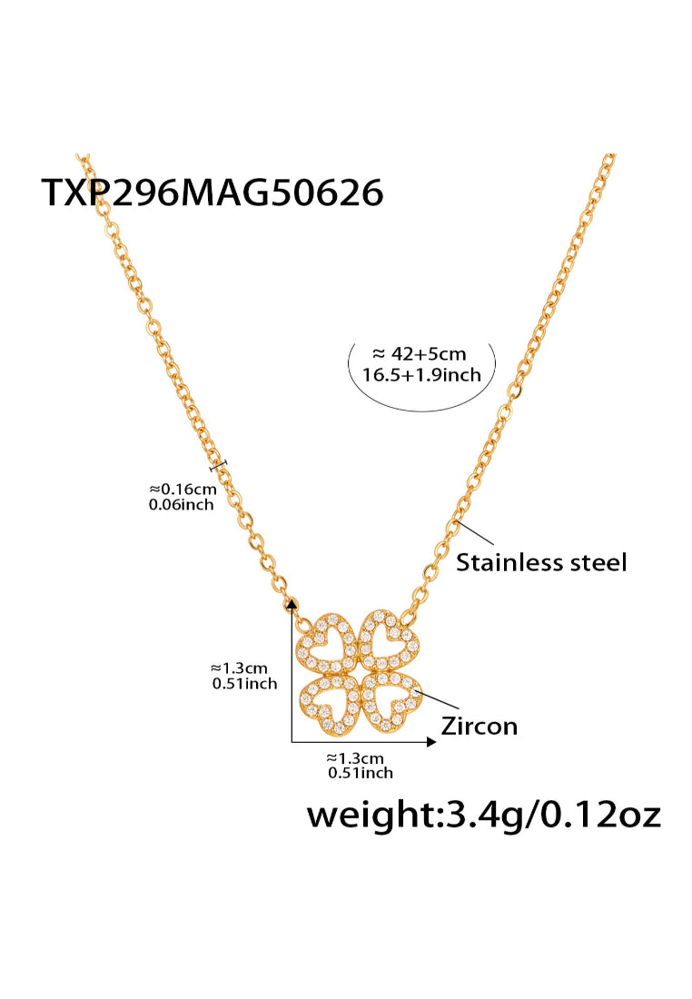 Fashion Simple Plated Gold Hollow Four-leafed Clover Pendant with Cubic Zirconia and Necklace - Luxurious Look