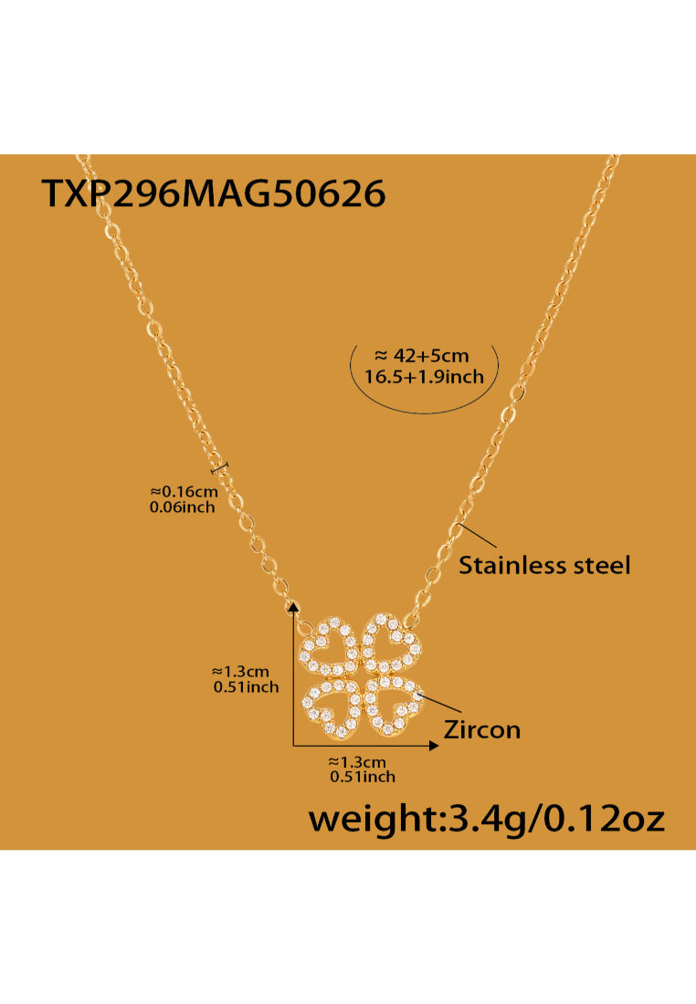 Fashion Simple Plated Gold Hollow Four-leafed Clover Pendant with Cubic Zirconia and Necklace - Luxurious Look
