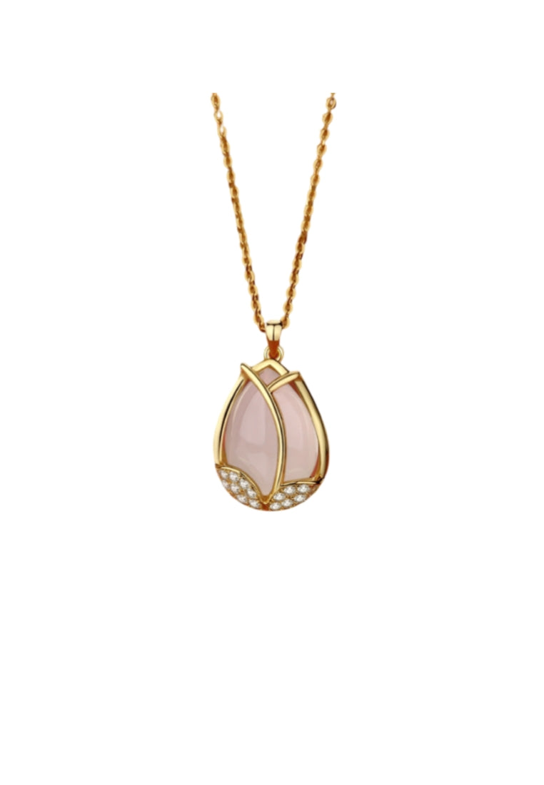 925 Sterling Silver Plated Gold Fashion Elegant Tulip Pendant with Cubic Zirconia and Necklace - Luxurious Look