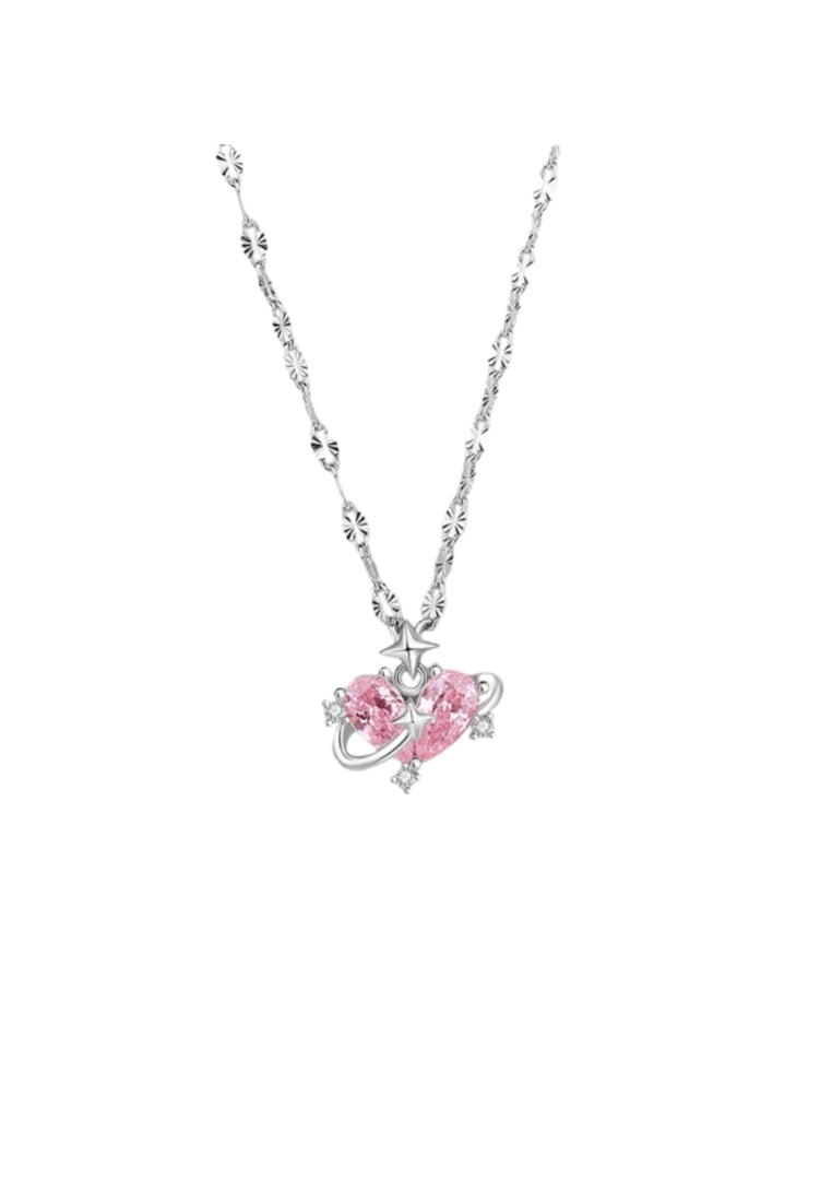 925 Sterling Silver Fashion Simple Heart-shaped Crown Pendant with Pink Cubic Zirconia and Necklace - Luxurious Look - Vibrant Color