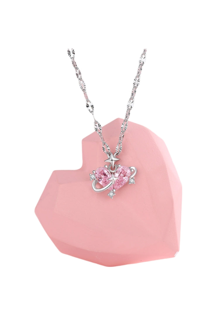 925 Sterling Silver Fashion Simple Heart-shaped Crown Pendant with Pink Cubic Zirconia and Necklace - Luxurious Look - Vibrant Color