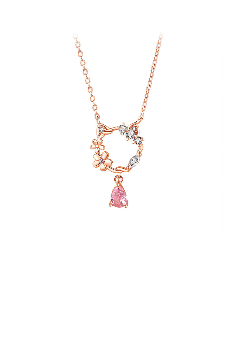 925 Sterling Silver Plated Rose Gold Fashion Temperament Hollow Cat Flower Pendant with Cubic Zirconia and Necklace - Luxurious Look