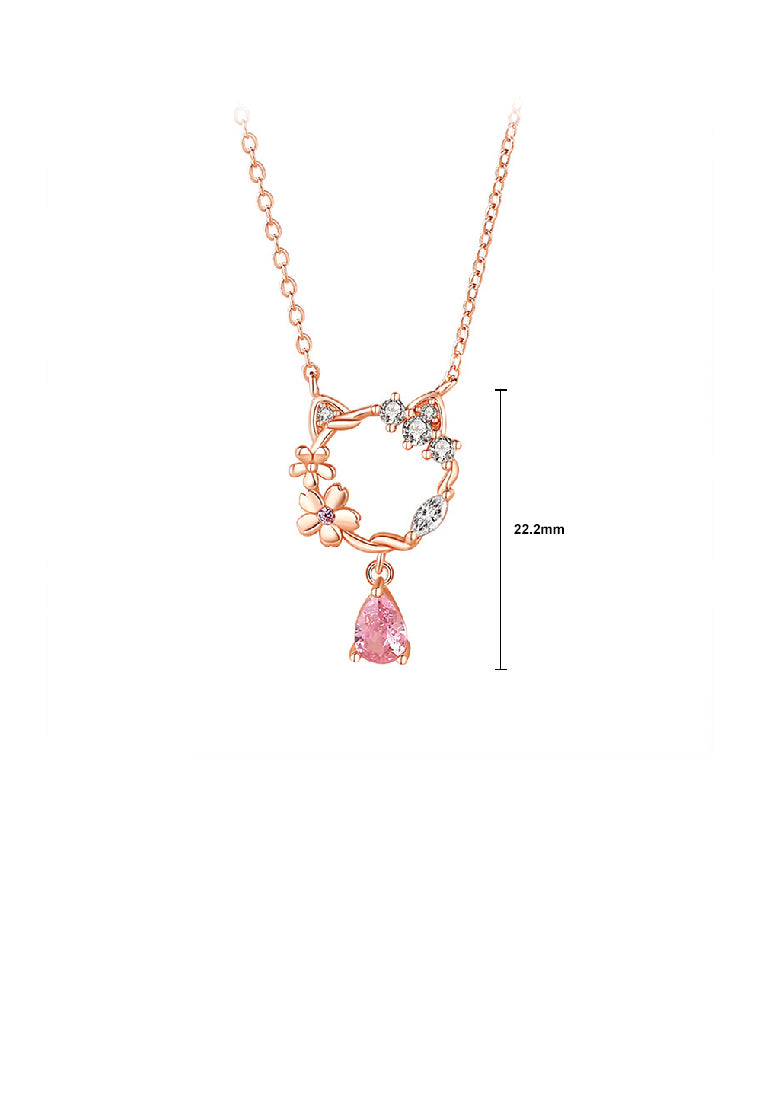 925 Sterling Silver Plated Rose Gold Fashion Temperament Hollow Cat Flower Pendant with Cubic Zirconia and Necklace - Luxurious Look