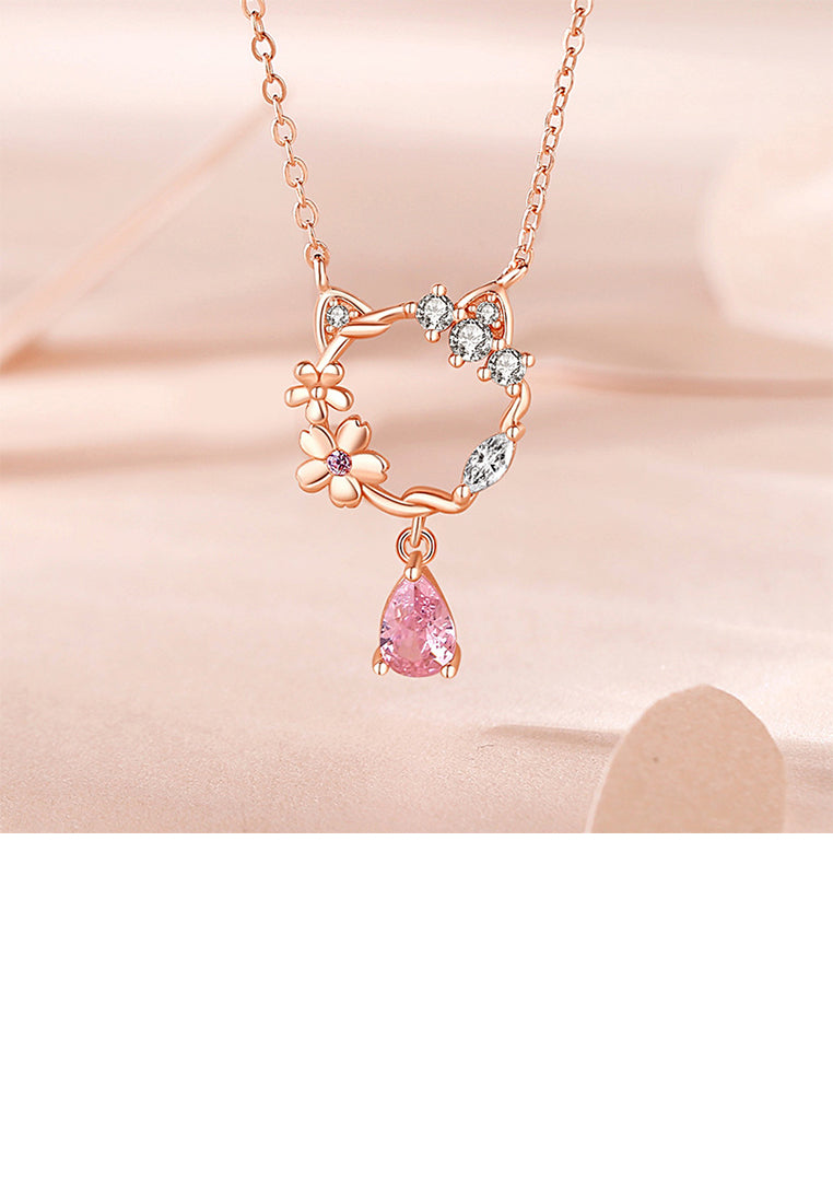 925 Sterling Silver Plated Rose Gold Fashion Temperament Hollow Cat Flower Pendant with Cubic Zirconia and Necklace - Luxurious Look