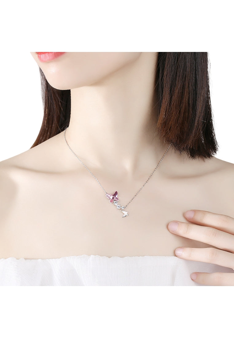 925 Sterling Silver Butterfly Necklace with Purple Austrian Element Crystal and Necklace