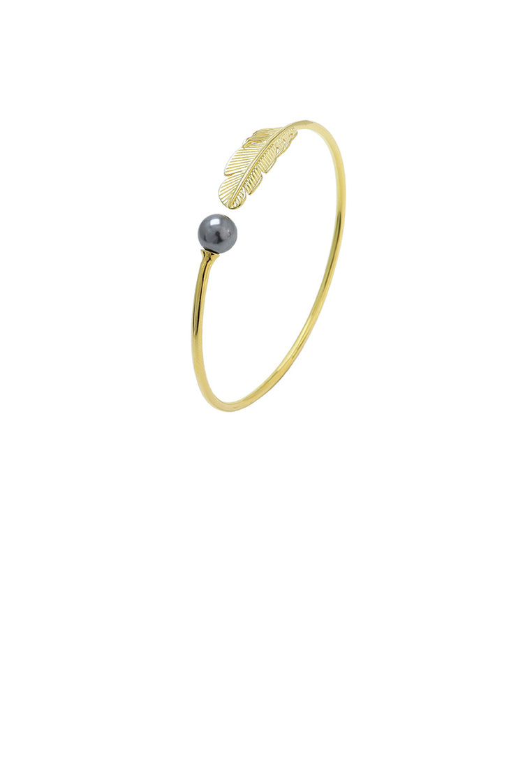 925 Sterling Silver Plated Gold Fashion Simple Feather Black Freshwater Pearl Bangle - Luxurious Look