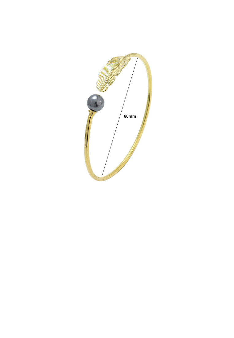 925 Sterling Silver Plated Gold Fashion Simple Feather Black Freshwater Pearl Bangle - Luxurious Look
