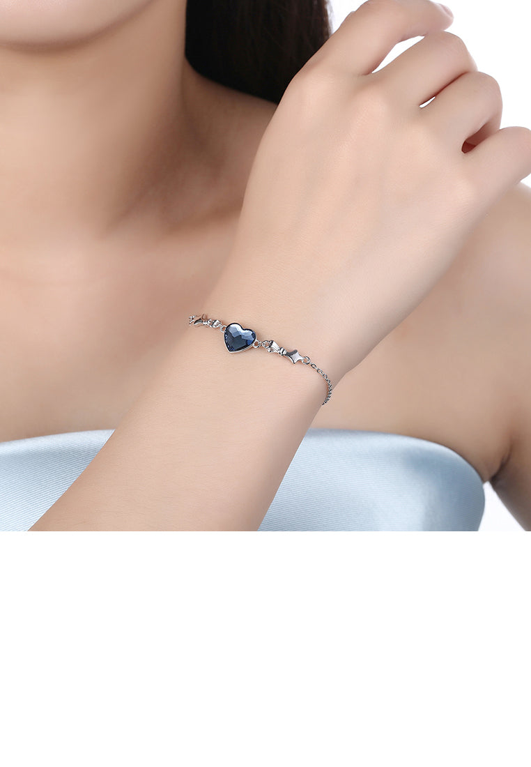 925 Sterling Silver Heart Bracelet with Blue Austrian Element Crystal