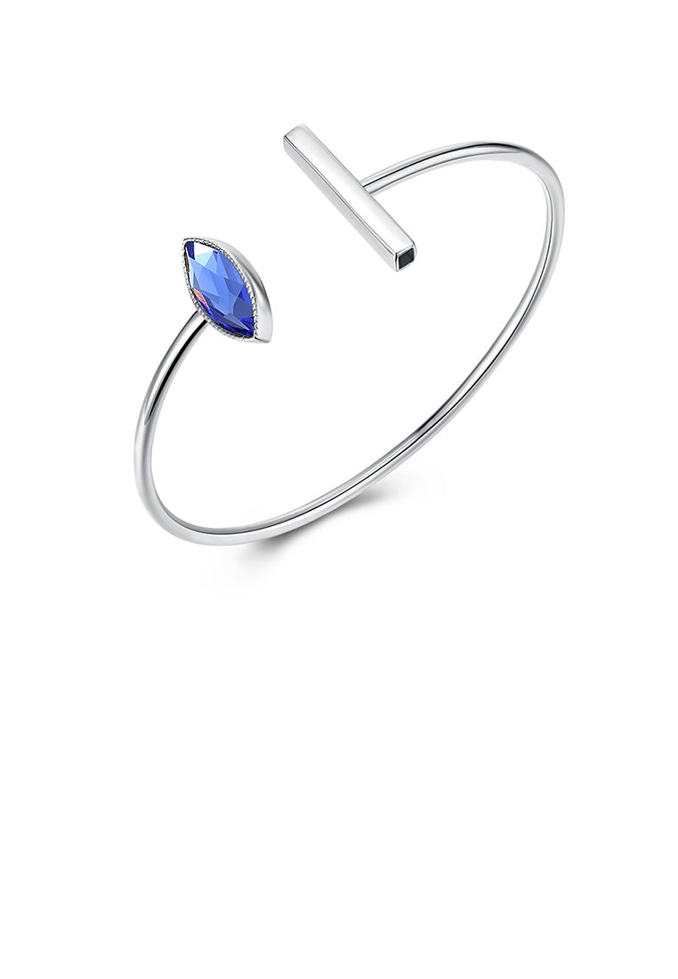 925 Sterling Silver Simple Elegant Fashion Open Bangle with Blue Austrian Element Crystal