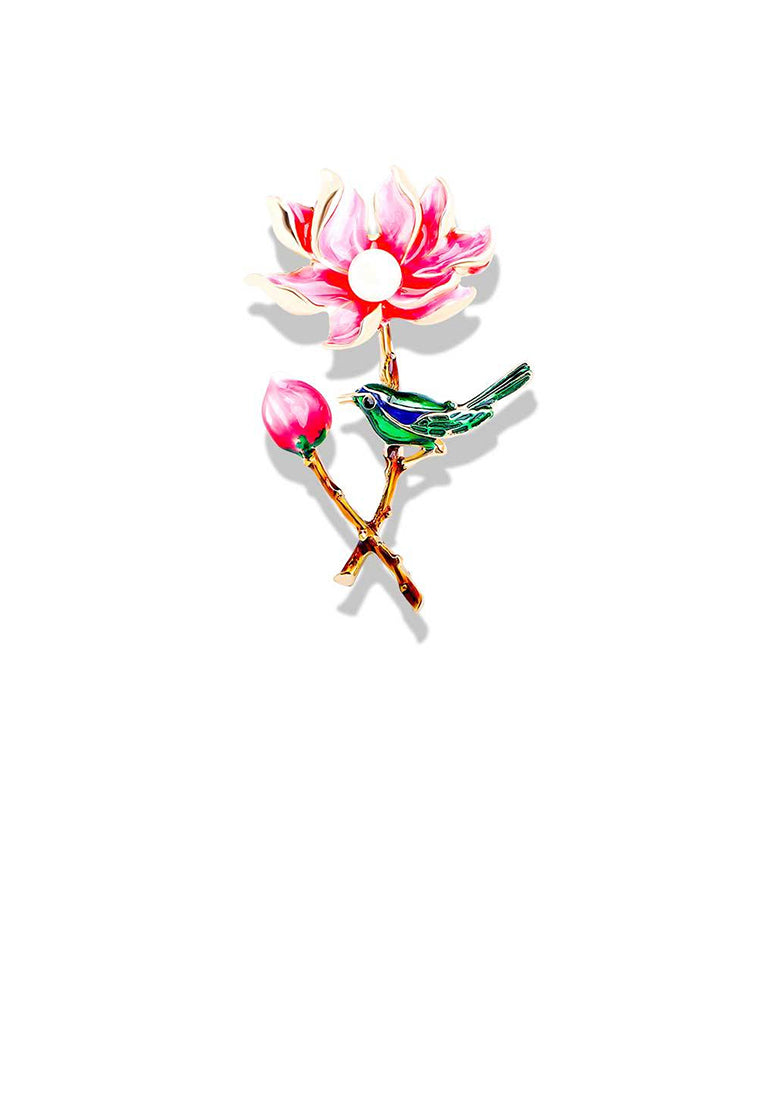Fashion Temperament Plated Gold Enamel Red Lotus Bird Imitation Pearl Brooch - Luxurious Look - Vibrant Color