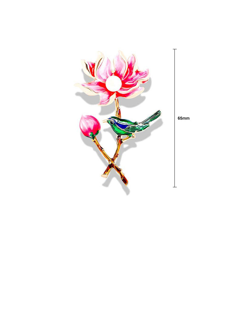 Fashion Temperament Plated Gold Enamel Red Lotus Bird Imitation Pearl Brooch - Luxurious Look - Vibrant Color