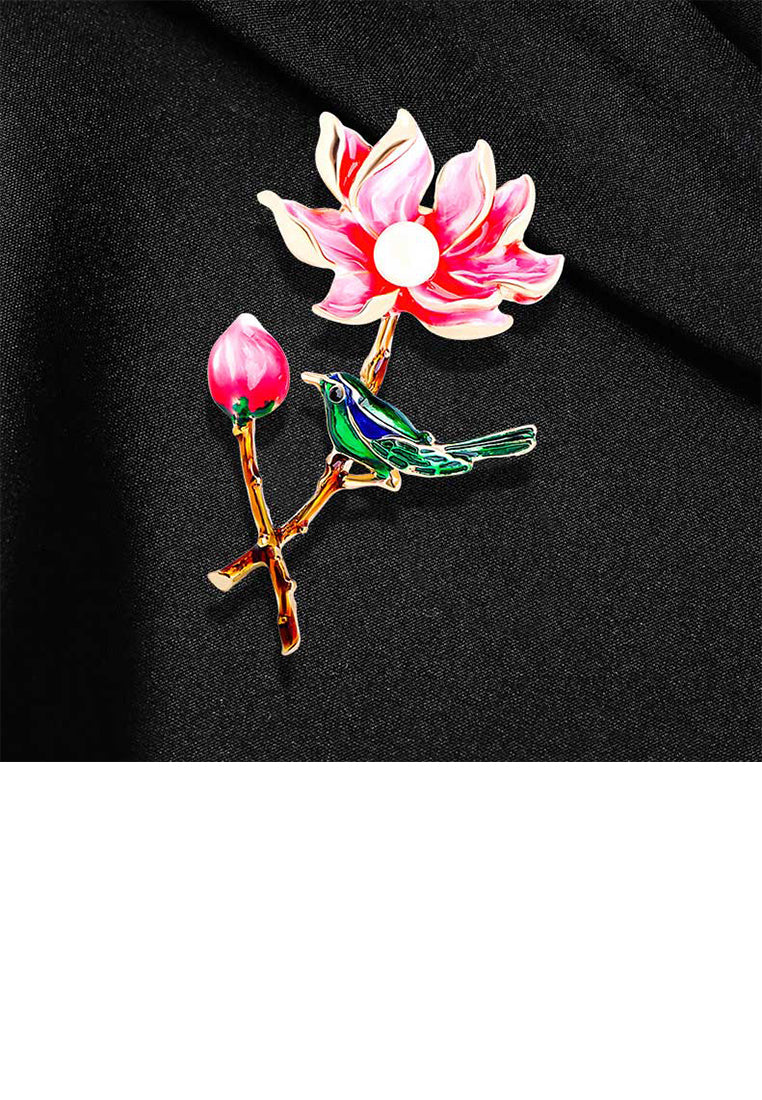 Fashion Temperament Plated Gold Enamel Red Lotus Bird Imitation Pearl Brooch - Luxurious Look - Vibrant Color